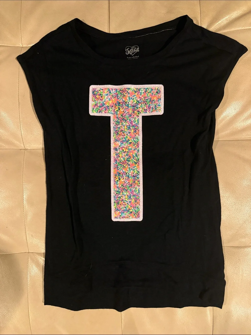 Justice Black Short Sleeve Tee with Multicolor Confetti 'T' Graphic